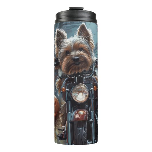 Biewer Terrier Rijden Motorfiets Halloween Eng Thermosbeker (Voorkant)