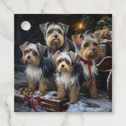 Biewer Terrier Snowy Sleigh Kerst Decor Bedankjes Labels (Voorkant)