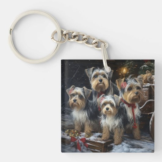 Biewer Terrier Snowy Sleigh Kerst Decor Sleutelhanger (Voorkant)