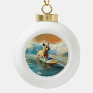 Biewer Terrier Strand Surfen Schilderij Keramische Bal Ornament