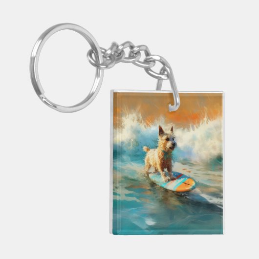 Biewer Terrier Strand Surfen Schilderij Sleutelhanger (Voorkant Links)
