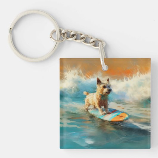 Biewer Terrier Strand Surfen Schilderij Sleutelhanger (Voorkant)