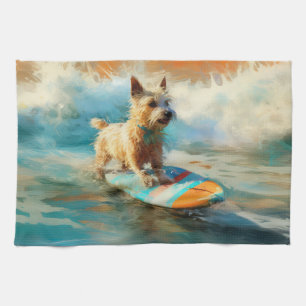 Biewer Terrier Strand Surfen Schilderij Theedoek