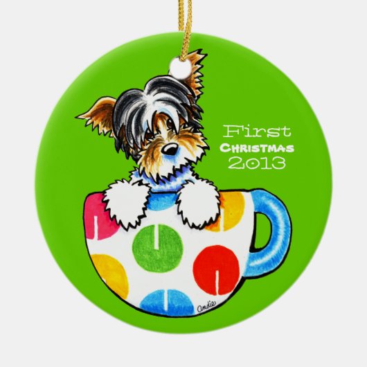 Biewer Yorkie First-kersttoepassing Keramisch Ornament (Voorkant)