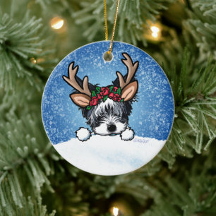 Biewer Yorkie Reindeer Kerstkeramisch Ornament