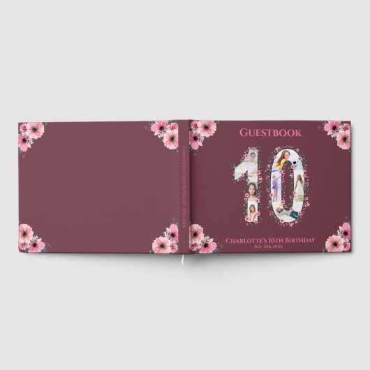 Big 10th Birthday Foto Collage Bloemenmeisje Pink Gastenboek (Volledig)
