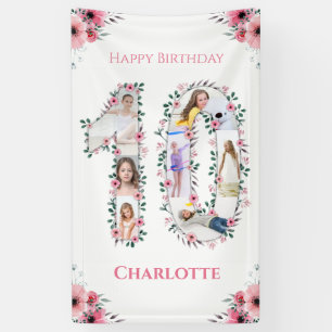 Big 10th Birthday Girl Foto Collage Pink Flower Spandoek