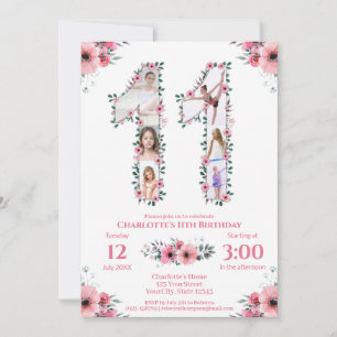 Big 11th Birthday Girl Foto Collage Pink Flower Kaart