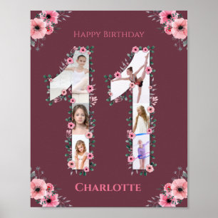 Big 11th Birthday Girl Foto Collage Pink Flower Poster