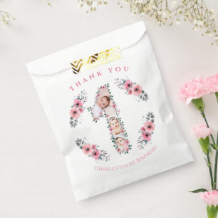 Big 1st Birthday Girl Foto Collage Pink Flower Bedankzakje
