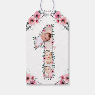 Big 1st Birthday Girl Foto Collage Pink Flower Cadeaulabel