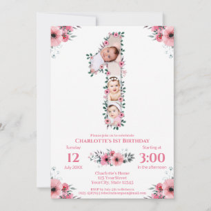 Big 1st Birthday Girl Foto Collage Pink Flower Kaart