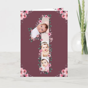 Big 1st Birthday Girl Foto Collage Pink Flower Kaart