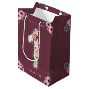 Big 1st Birthday Girl Foto Collage Pink Flower Medium Cadeauzakje