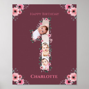 Big 1st Birthday Girl Foto Collage Pink Flower Poster