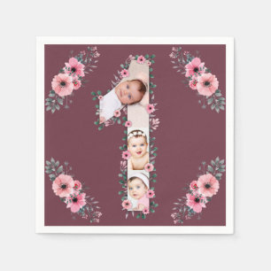Big 1st Birthday Girl Foto Collage Pink Flower Servet