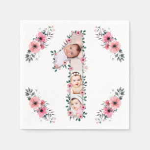 Big 1st Birthday Girl Foto Collage Pink Flower Servet