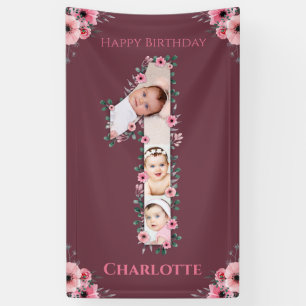 Big 1st Birthday Girl Foto Collage Pink Flower Spandoek