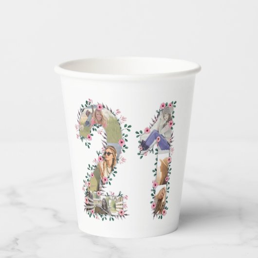 Big 21st Birthday Pink Flower Photo Collage White Papieren Bekers (Voorkant)