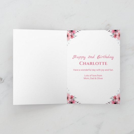 Big 2nd Birthday Girl Foto Collage Pink Flower Kaart (Binnen)