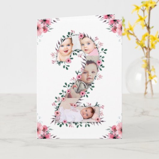 Big 2nd Birthday Girl Foto Collage Pink Flower Kaart (Gele Bloem)