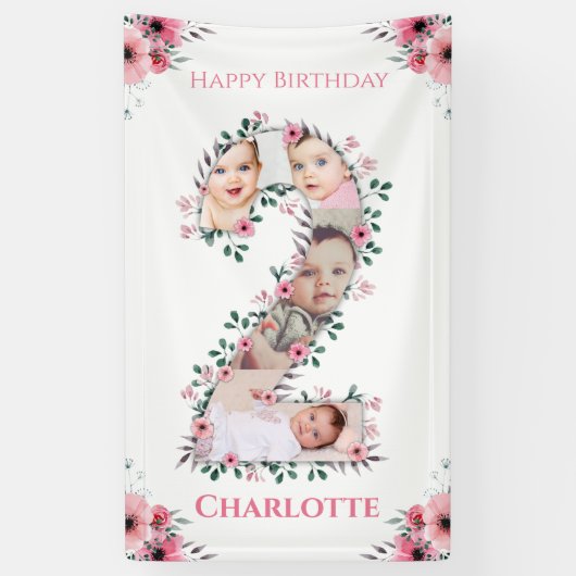 Big 2nd Birthday Girl Foto Collage Pink Flower Spandoek (Verticaal)