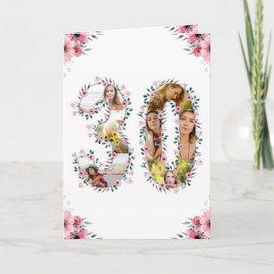 Big 30th Birthday Foto Collage Pink Flower White Kaart