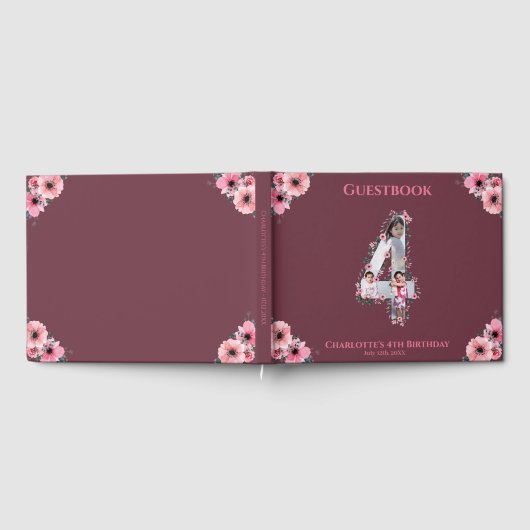 Big 4th Birthday Foto Collage Bloemenmeisje Pink Gastenboek (Volledig)