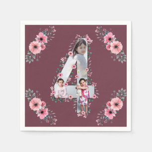Big 4th Birthday Girl Foto Collage Pink Flower Servet