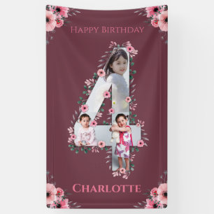 Big 4th Birthday Girl Foto Collage Pink Flower Spandoek
