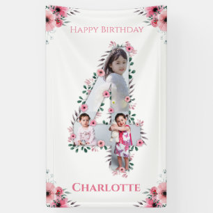 Big 4th Birthday Girl Foto Collage Pink Flower Spandoek