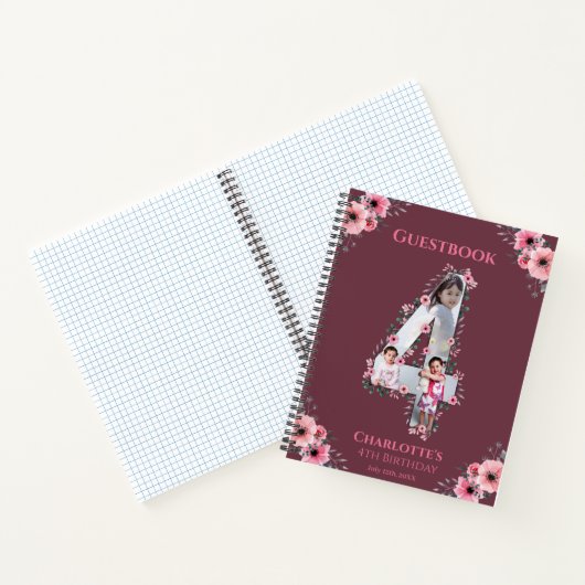 Big 4th Birthday Girl Foto roze flower Guest Book Notitieboek (Binnen)