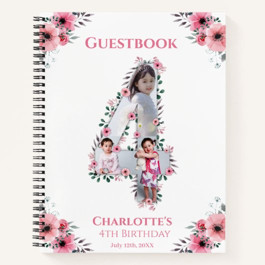 Big 4th Birthday Girl Foto roze flower Guest Book Notitieboek (Voorkant)