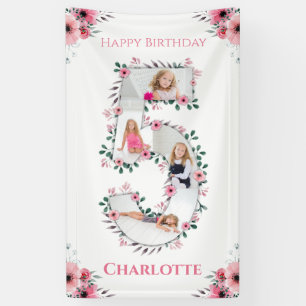 Big 5th Birthday Girl Foto Collage Pink Flower Spandoek