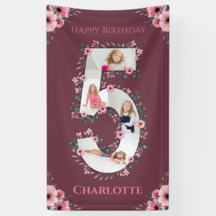 Big 5th Birthday Girl Foto Collage Pink Flower Spandoek