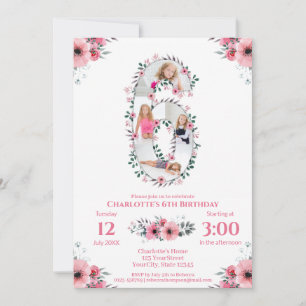 Big 6th Birthday Girl Foto Collage Pink Flower Kaart