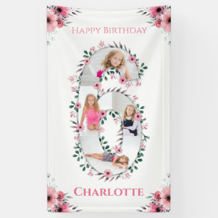 Big 6th Birthday Girl Foto Collage Pink Flower Spandoek