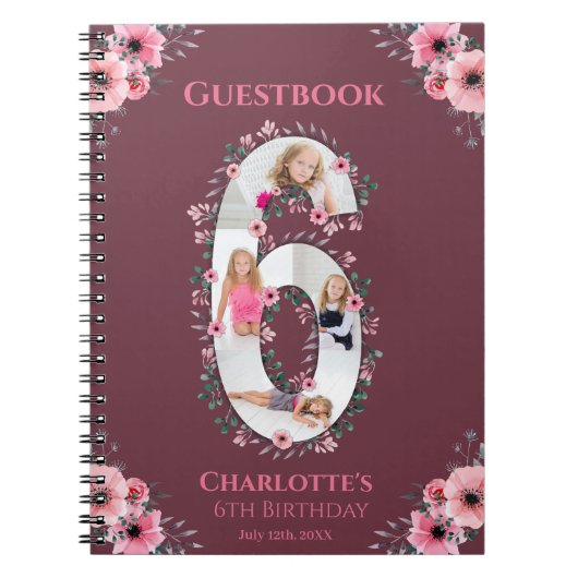 Big 6th Birthday Girl Foto roze flower Guest Book Notitieboek (Voorkant)