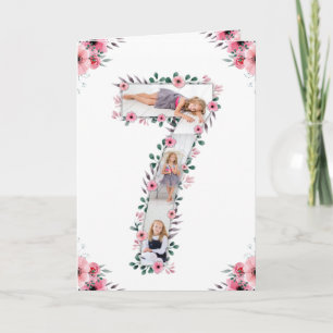 Big 7th Birthday Girl Foto Collage Pink Flower Kaart
