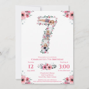 Big 7th Birthday Girl Foto Collage Pink Flower Kaart