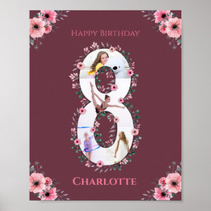 Big 8th Birthday Girl Foto Collage Pink Flower Poster