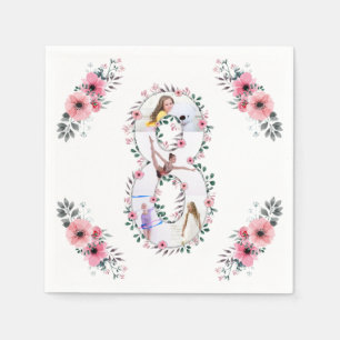 Big 8th Birthday Girl Foto Collage Pink Flower Servet