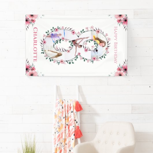 Big 8th Birthday Girl Foto Collage Pink Flower Spandoek (Insitu)