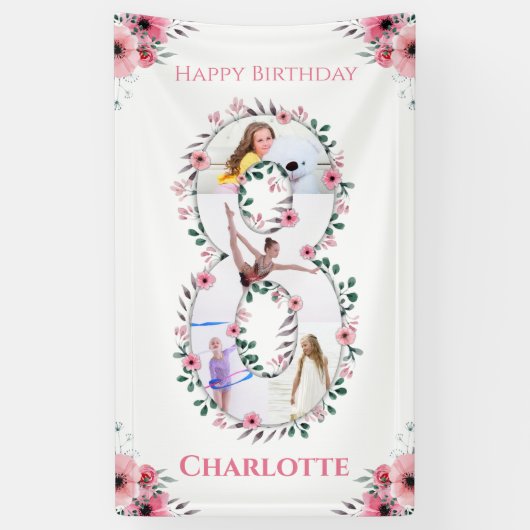 Big 8th Birthday Girl Foto Collage Pink Flower Spandoek (Verticaal)