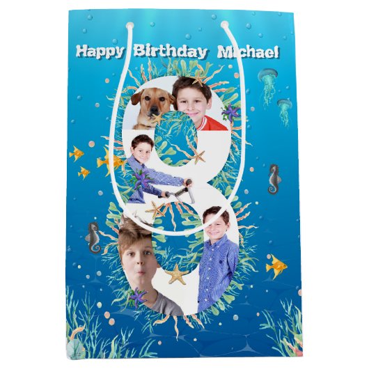 Big 8th Birthday Photo Collage under the Zee Medium Cadeauzakje (Voorkant)