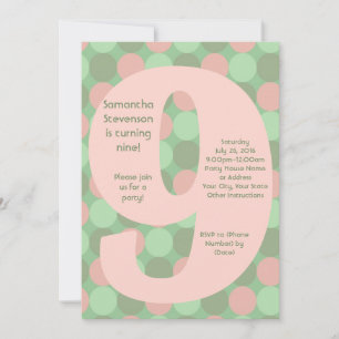 Big 9 Birthday Party Invitations, Pink and Green Kaart