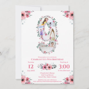 Big 9th Birthday Girl Foto Collage Pink Flower Kaart