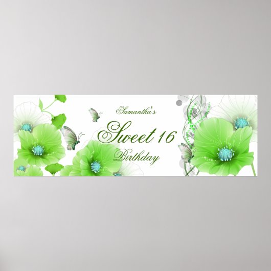 big Banner Birthday  Green Floral White Poster (Voorkant)