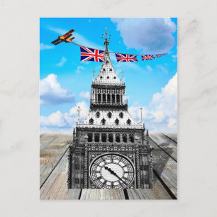 Big Ben, Airoplane, Union Jacks, Surreal Londen Briefkaart