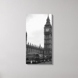 Big Ben en taxichauffeur in zwart-wit canvas Afdruk